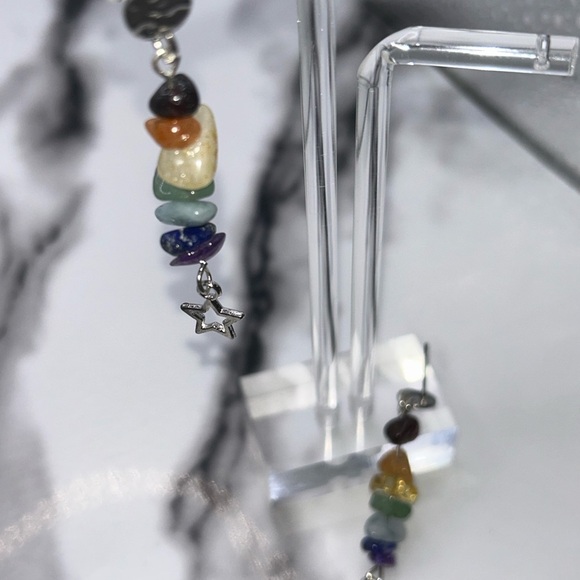 Silver Multicolor Stone Star Earrings - Picture 2 of 2